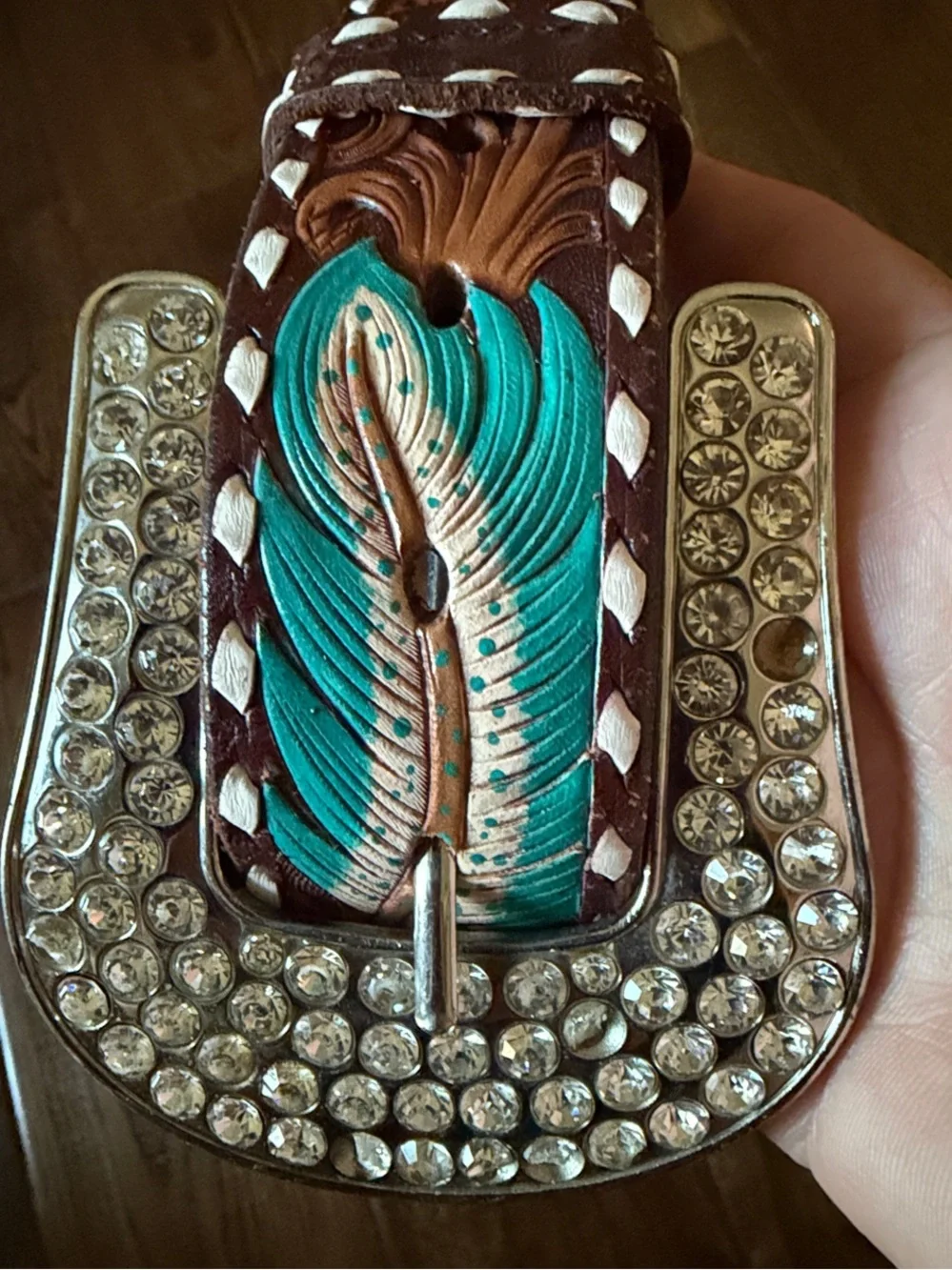 HUE NGUYEN Western Rhinestone Feather Belt - Turquoise & Brown 32